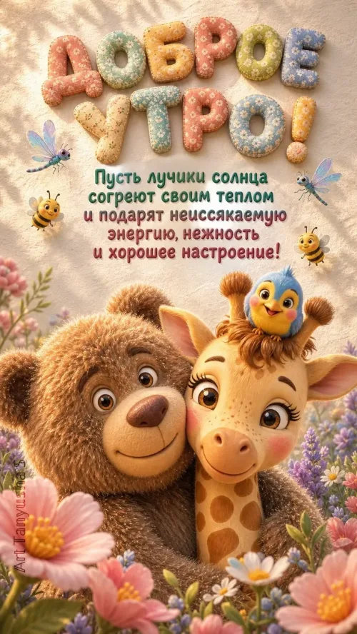 Доброе утро с медведем и жирафом в цветах