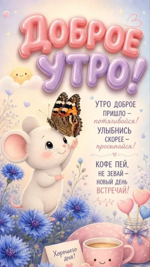 Позитивная открытка с добрым утром и мышкой