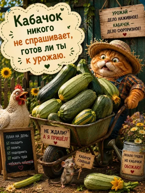Прикольная открытка с котом и кабачками