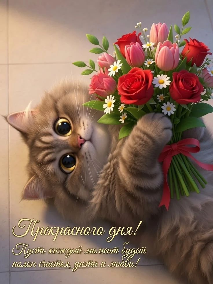 Кот с цветами: Поздравление с хорошим днем