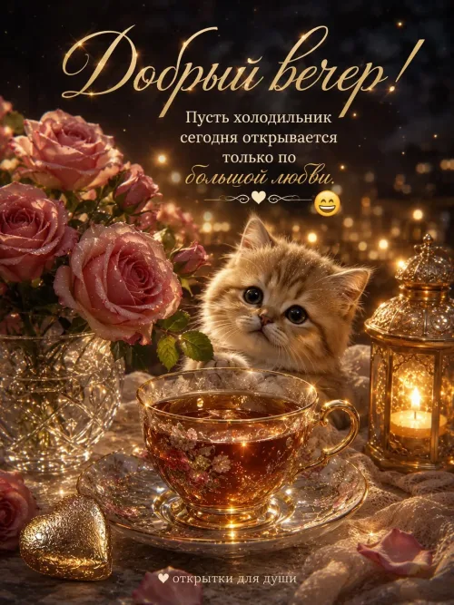 Кот с чашкой чая и розами: Добрый вечер