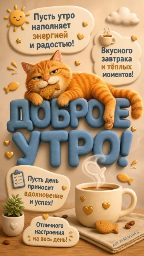 Позитивное доброе утро с кофе и котом