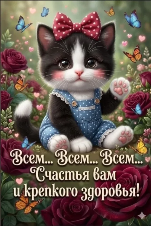 Котенок в саду с пожеланием счастья