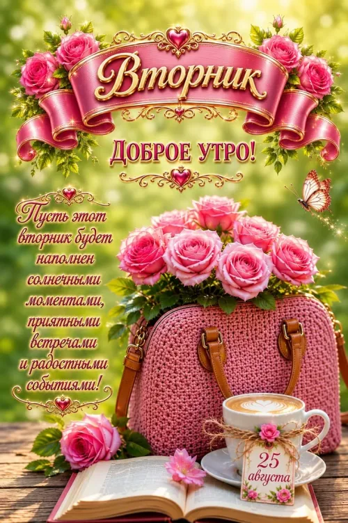 Доброе утро, вторник: открытка с розами и кофе