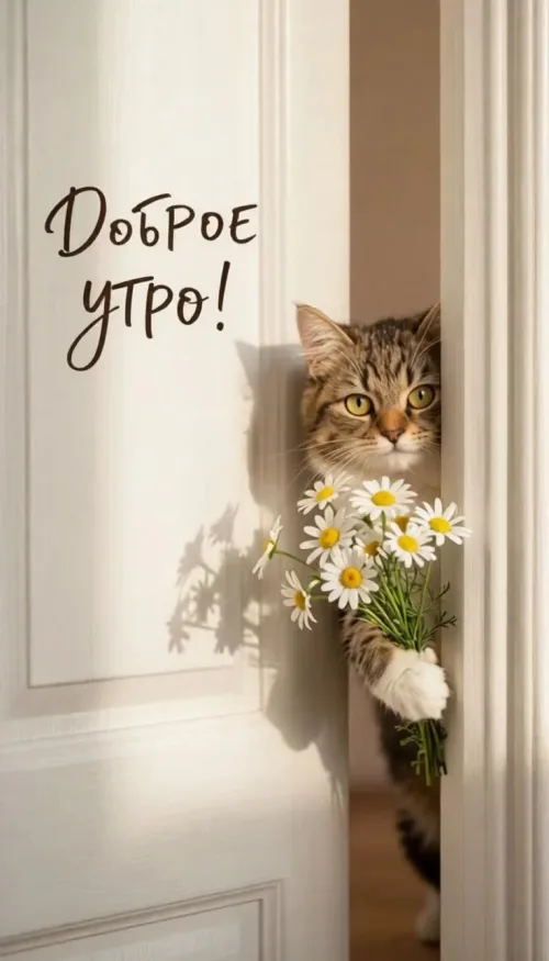 Кот с цветами: Доброе утро