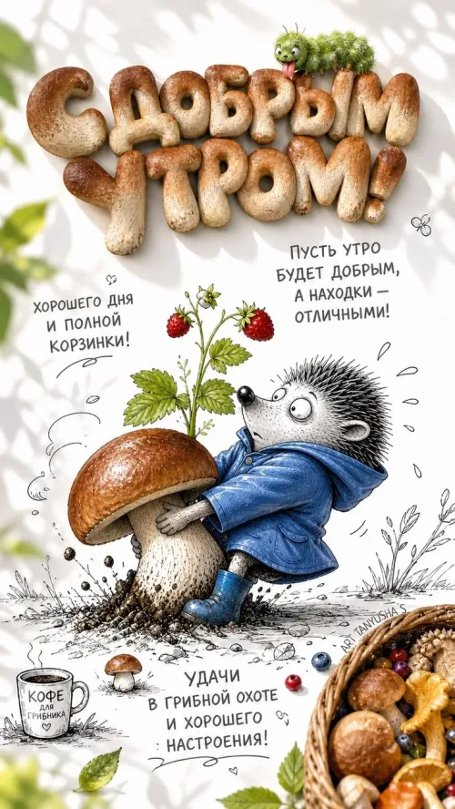 Позитивная открытка с добрым утром и грибами