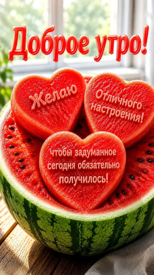Доброе утро: Позитивная открытка с арбузом в форме сердца
