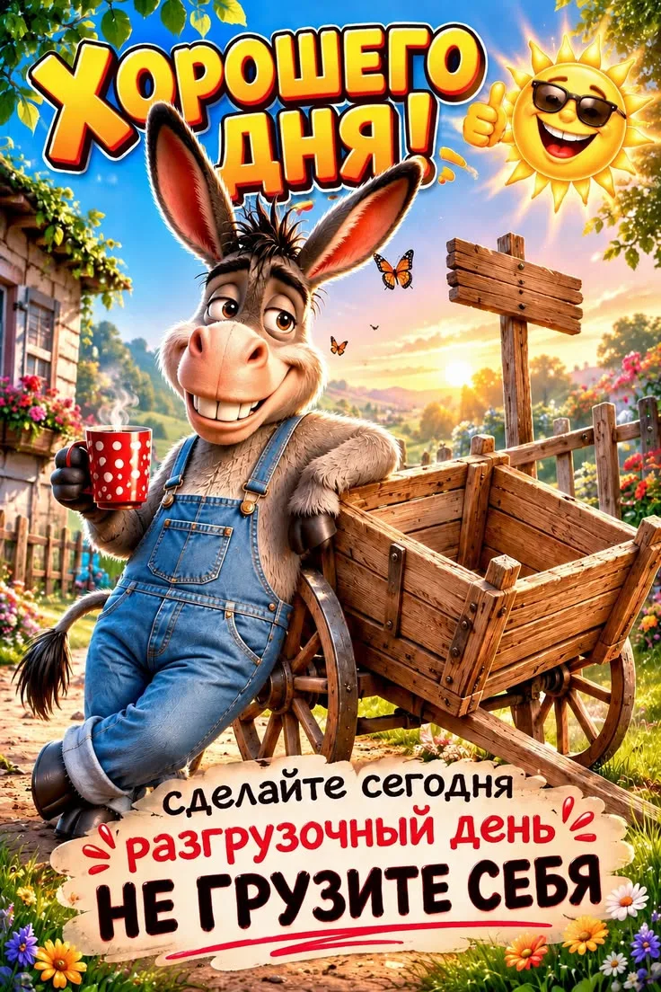 Хорошего дня осел в джинсах с чашкой