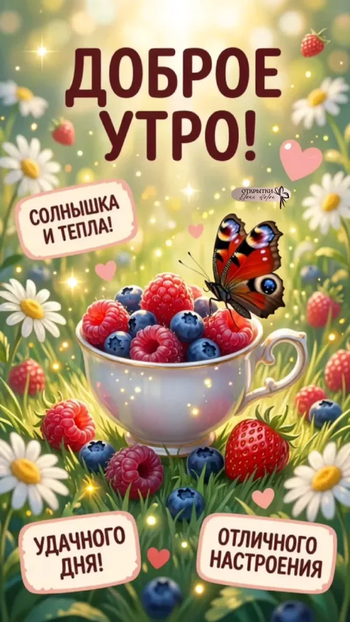 Позитивное Доброе утро с бабочкой и ягодами