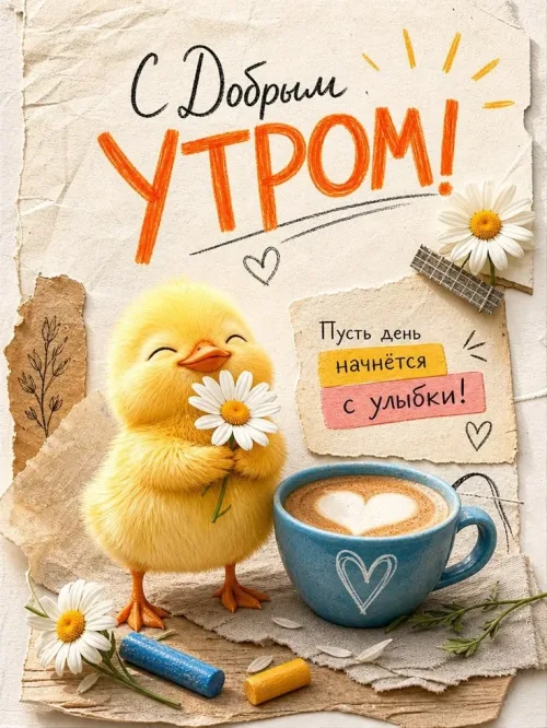 Птенец с ромашкой и кофейным сердцем: Доброе утро