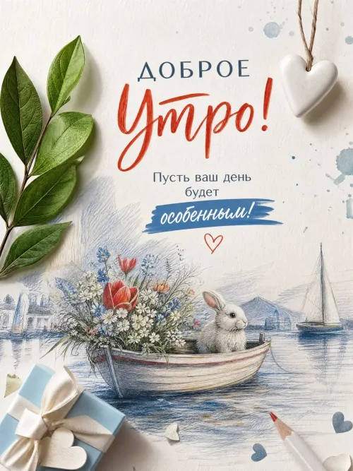 Доброе утро: кролик в весенней лодке с цветами