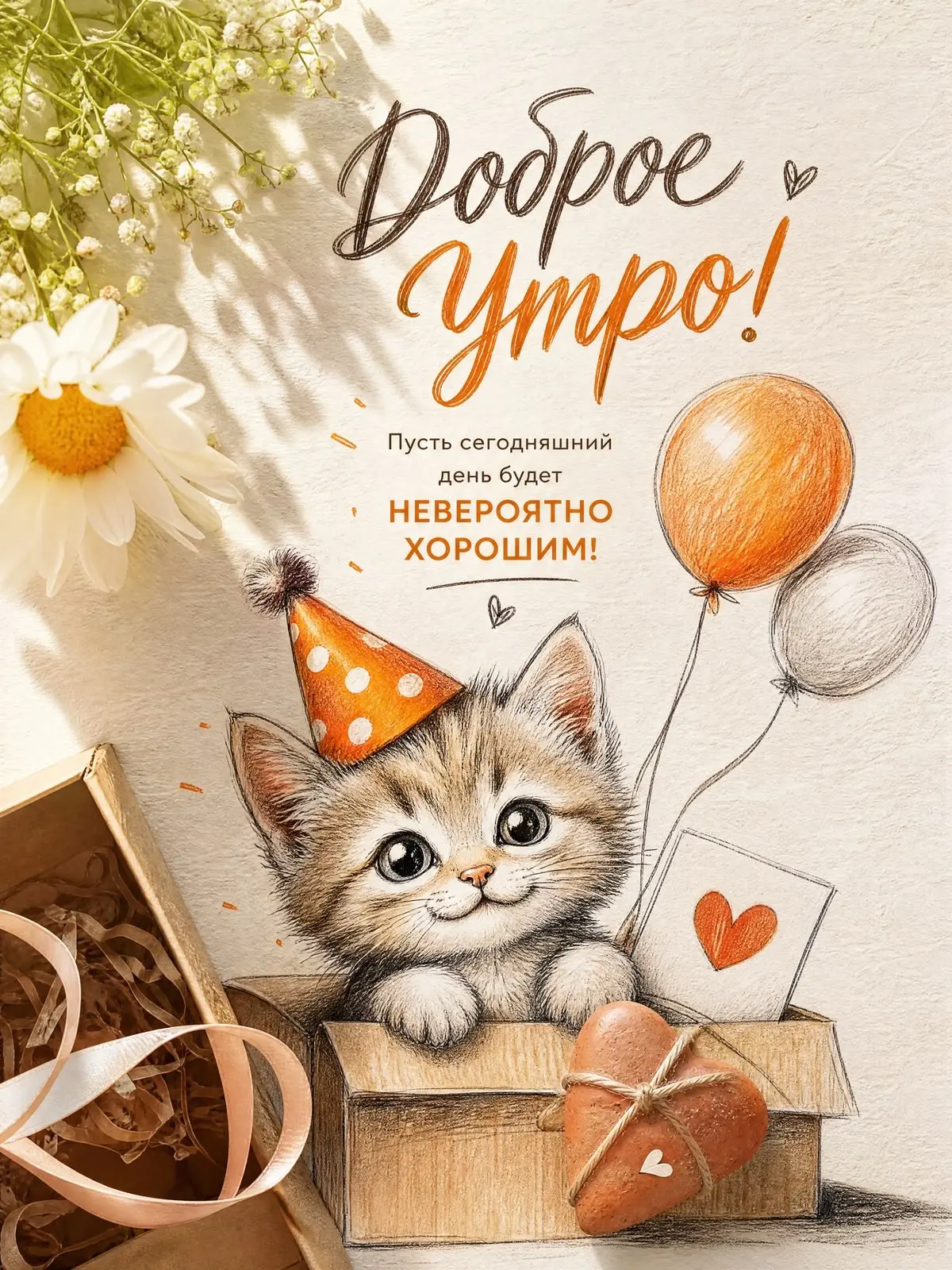 Позитивная открытка с добрым утром и котенком