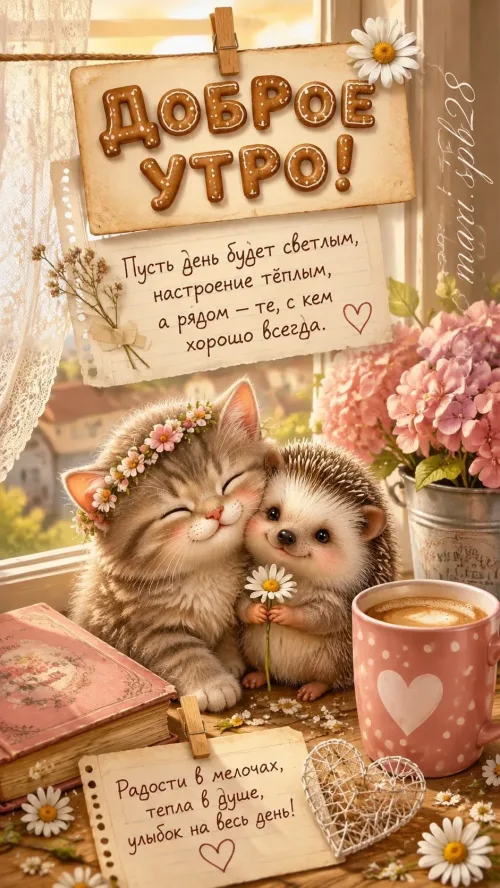 Позитивная открытка с добрым утром: кот и ежик