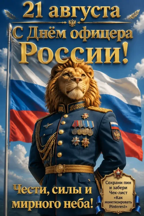 Праздничная открытка с изображением льва в военной форме