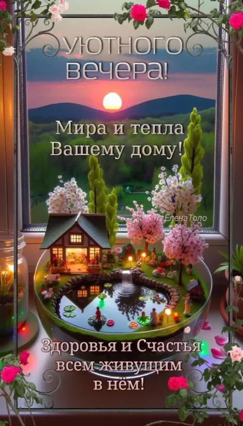 Уютный вечер с домиком и прудом