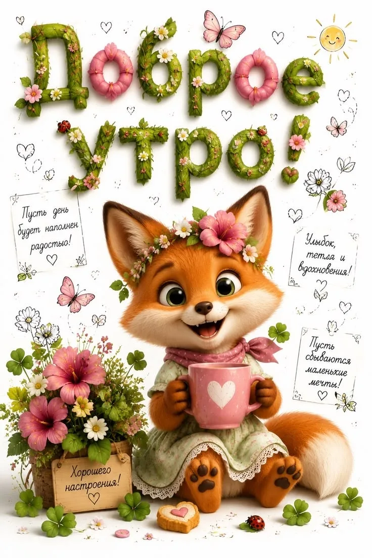 Доброе утро с весенними цветами и лисой