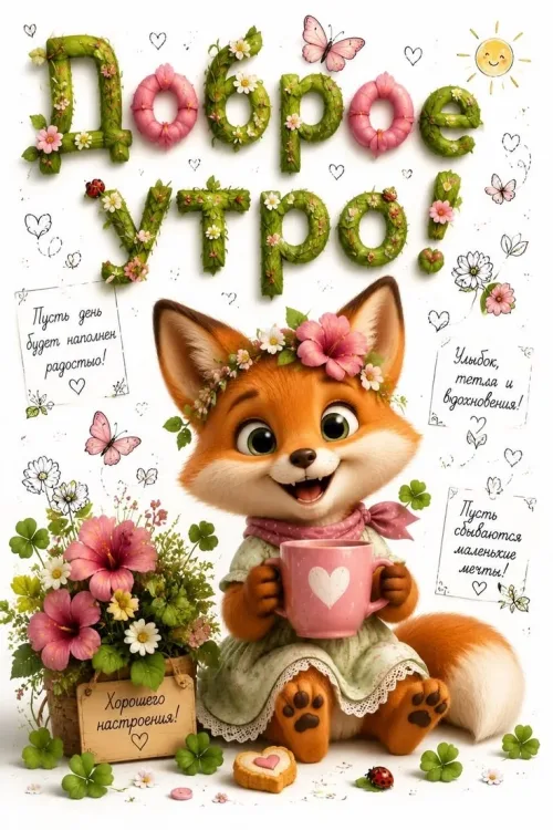 Доброе утро с весенними цветами и лисой