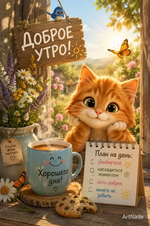 Кот с чашкой кофе и планом на день весенним утром