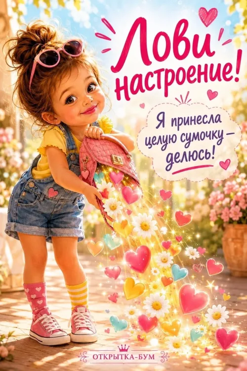 Лови настроение! Детская открытка с сумочкой и цветами