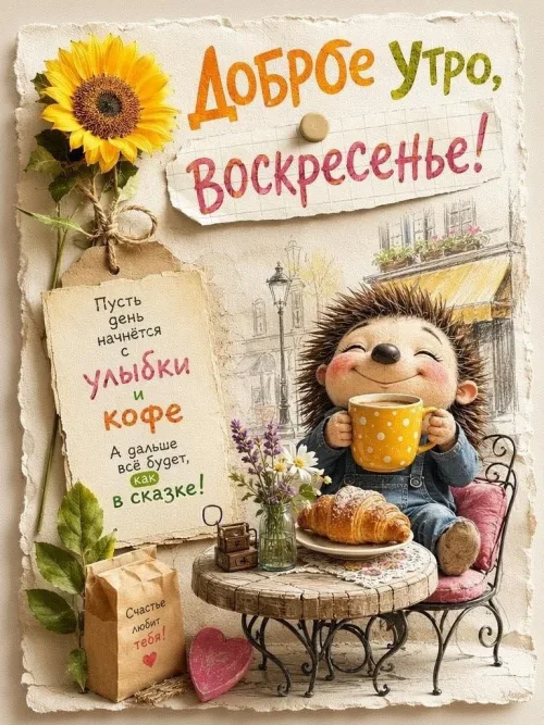 Весенний утренний воскресный пейзаж с животными и кофе