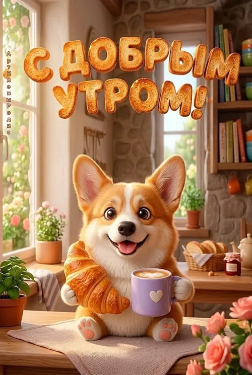 Прикольная открытка с добрым утром и собакой