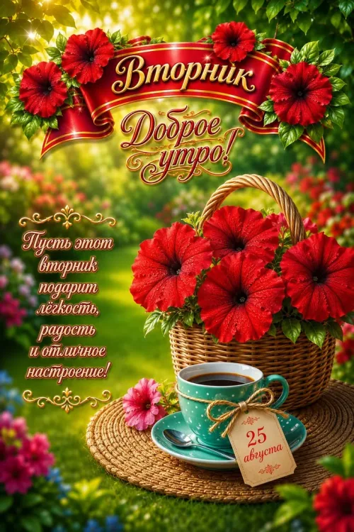 Доброе утро, вторник с чашкой кофе и красными цветами