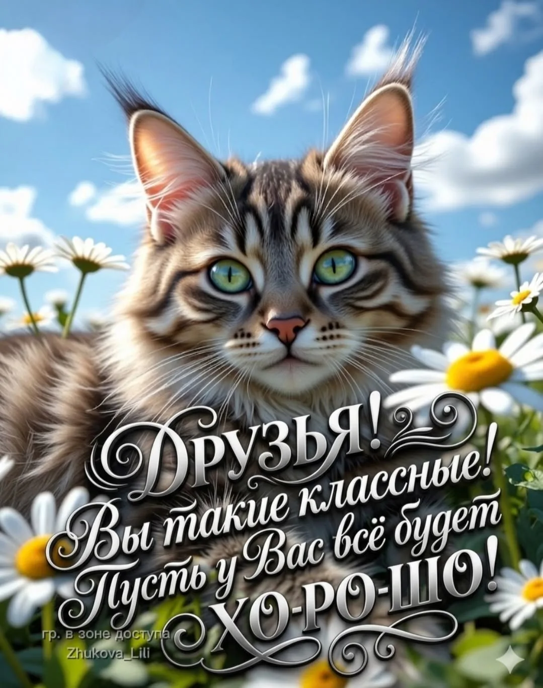 Кот в поле с ромашками: весенние пожелания