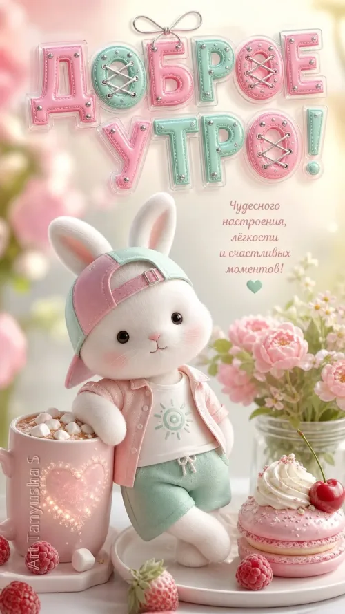 Кролик с чашкой какао и цветами: Доброе утро!