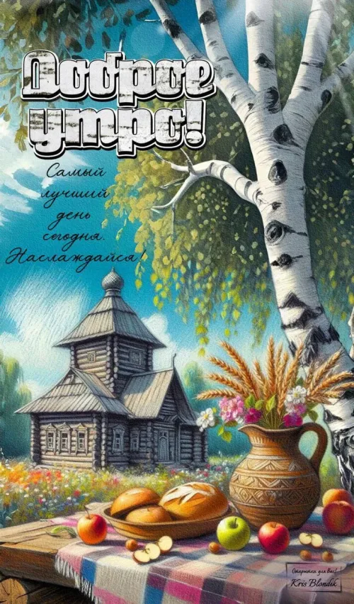 Доброе утро: Позитивная открытка с деревней и цветами