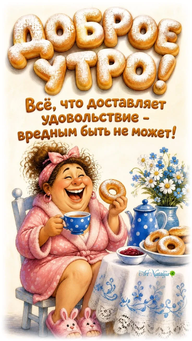 Прикольная открытка с пончиком и кофе