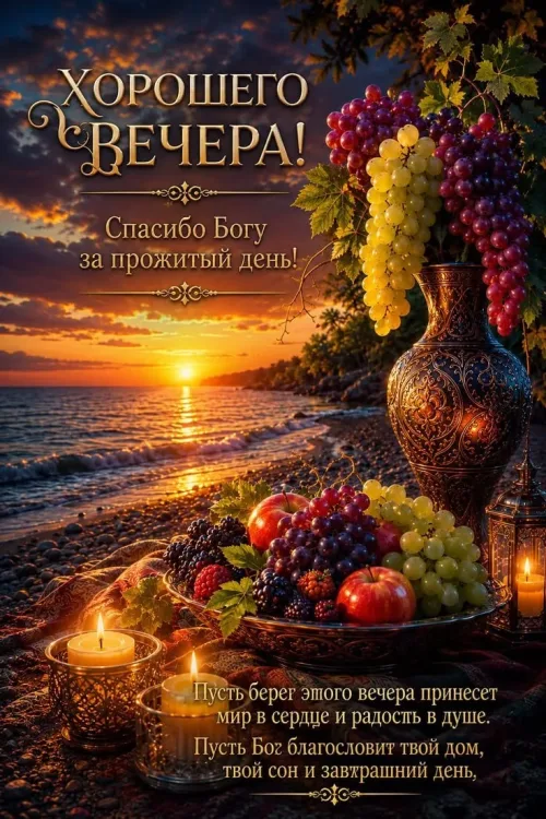 Вечерний пейзаж с морем и фруктами