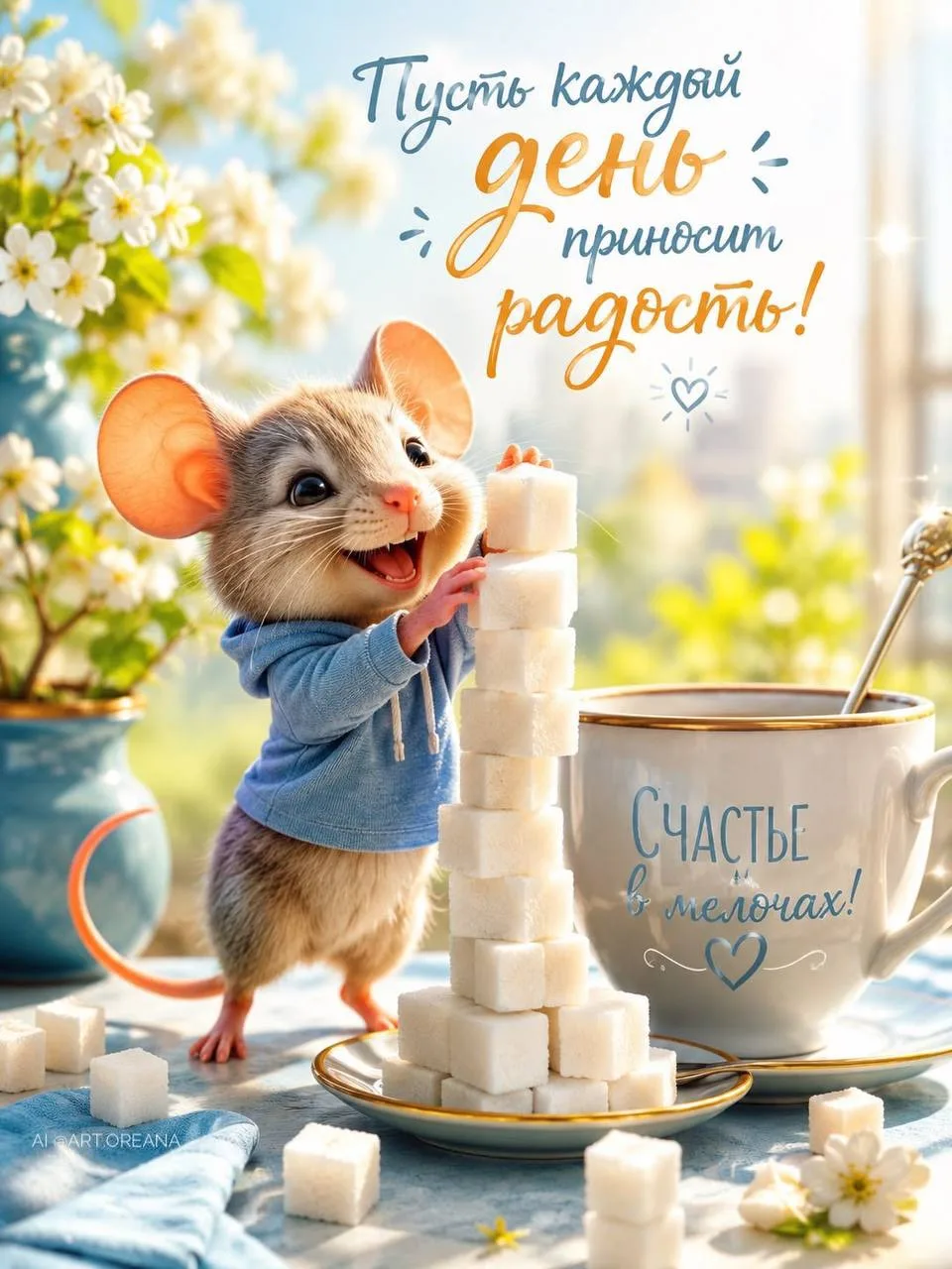 Мышь с чаем: весенний поздравительный открытка