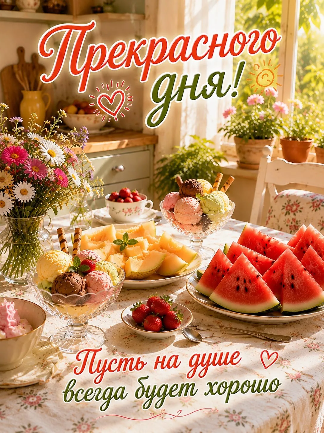 Прекрасного дня! Сладкий стол с фруктами и мороженым