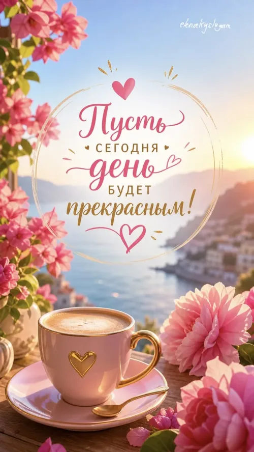 Весенний морской пейзаж с кофе и пожеланием