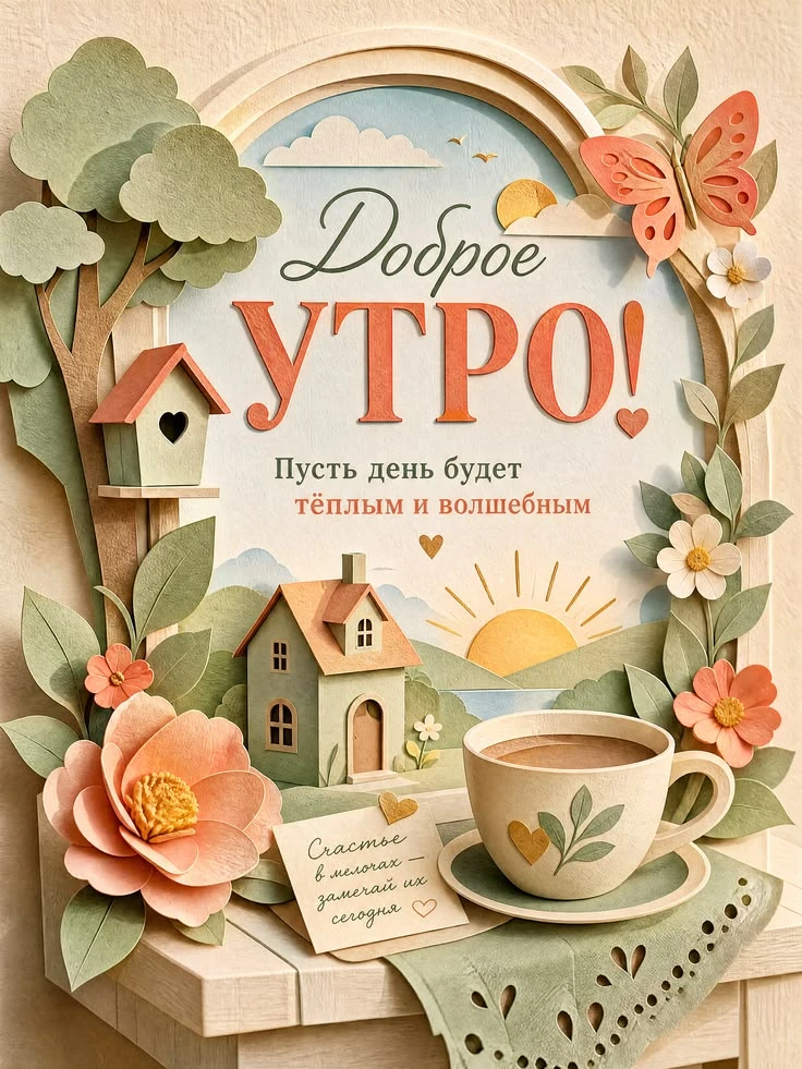 Весенний Добрый утром с домиком и цветами
