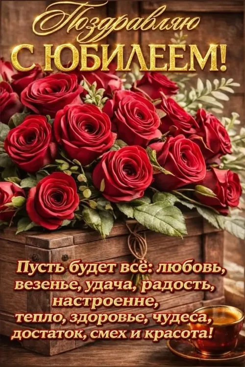 Поздравление с юбилеем: красные розы и чашка чая