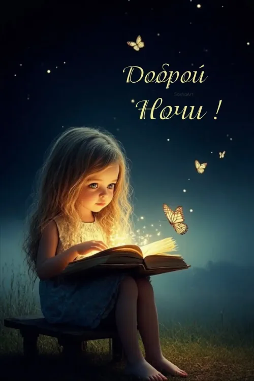 Доброй ночи: милая девочка с книжкой и бабочками