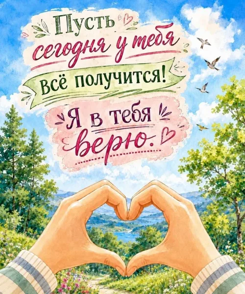 Весенний пейзаж с руками в форме сердца и пожеланием