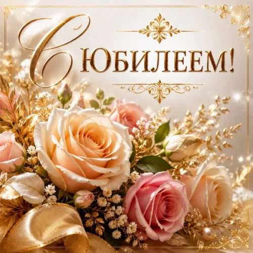С Юбилеем: Красивые цветы и золотые украшения