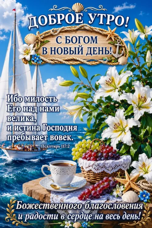 Открытка с добрым утром и морским пейзажем