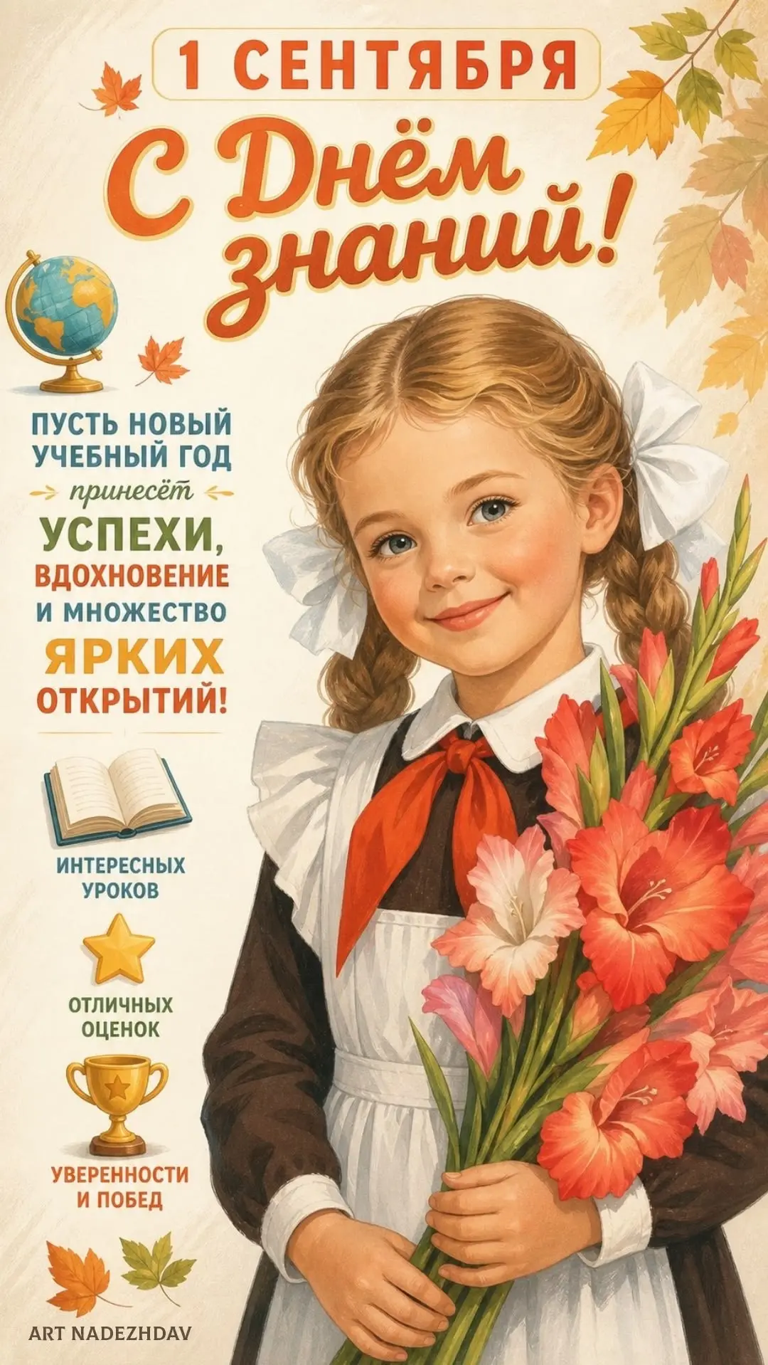 Открытка с Днём знаний: осень, девочка и цветы