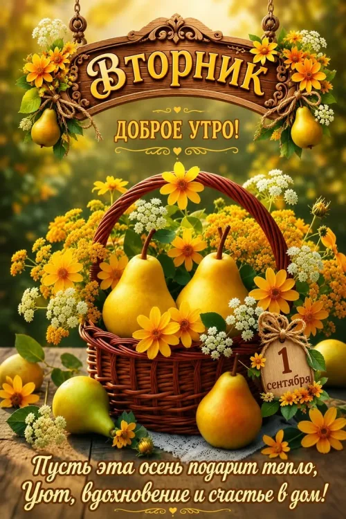 Открытка с доброе утро осенью и яблоками