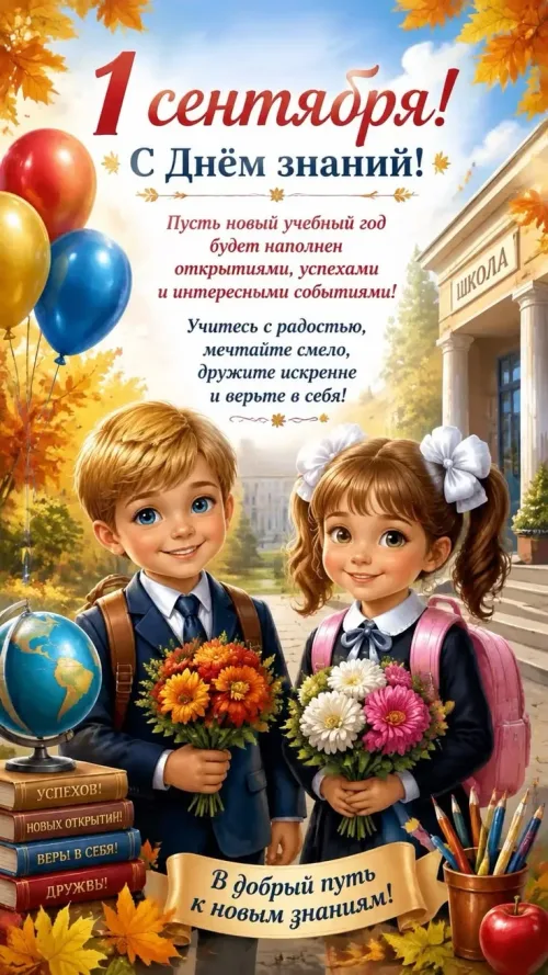 Открытка с Днём знаний: осень, дети и букеты