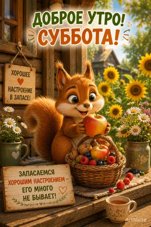 Открытка с добрым утром и субботой: милый енот с яблоком