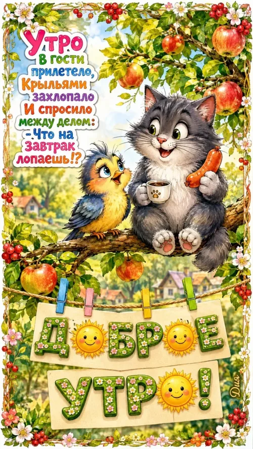 Прикольная открытка с добрым утром: кот и птица