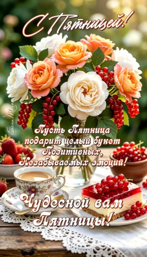 Пятничная открытка с цветами и десертом