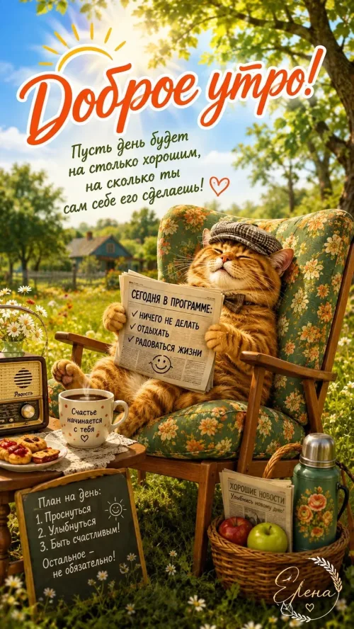 Позитивная открытка с добрым утром и кошкой в цветочном кресле