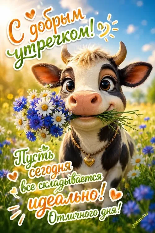 Открытка с добрым утром: весенняя корова с цветами