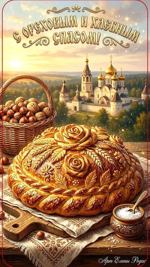 Открытка с Ореховым Спасом и хлебом