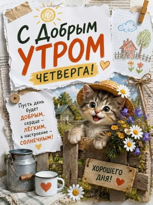 Кот в шляпе с цветами: открытка с добрым утром четверга